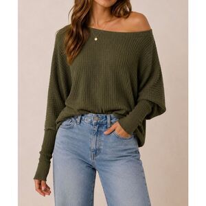 Intimately Free People Olive Waffle Knit Off Shoulder Thermal Top